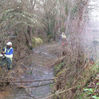 Los opearios desbrozaban ayer el cauce del arroyo de los Valtuilles, en Villafranca.