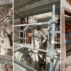 Imágenes de la restauración exterior de Botines, con san Jorge como protagonista. Los trabajos han empezado por la carpintería. MUSEO BOTINES
