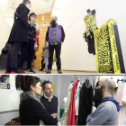 Carlos Díez con Reina Canalla y Celia Travieso; sobre estas líneas, con el diseñador leonés Santiago del Palacio comentando la obra de una alumna de la Escuela de Moda Líper.