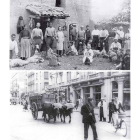 Dos de las fotos que se proyectan hoy, unos esquiladores y, abajo, un carbonero con un carro de vacas por Ordoño II.