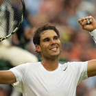 Rafael Nadal celebra su triunfo ante Mijail Kukushkin y el pase a los octavos del torneo de Wimbledon.