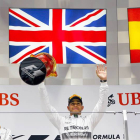 El podio del Gran Premio de Shanghai con Hamilton, Rosberg y Alonso.