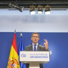 Alberto Núñez Feijóo ayer, en la rueda de prensa en la sede del partido en Madrid. BORJA SÁNCHEZ TRILLO