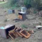 Colmenas volcadas, con los cuadros rotos y huellas de las patas, tarjeta de visita del oso en colmenar de Cirujales.