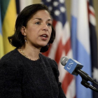 La asesora de Seguridad Nacional de la Casa Blanca, Susan Rice, en una rueda de prensa en el Consejo de Seguridad de la ONU, en marzo del 2013.