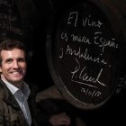 El presidente del PP, Pablo Casado, durante la visita a la bodega Lagar Blanco. RAFA ALCAIDE