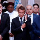 El presidente del Consejo Presidencial de Libia  Fayez al-Sarra  el presidente frances  Emmanuel Macron  y el presidente de la Camara de Representantes de Libia  Tobruk Aguila Saleh Issa.