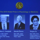 De izquierda a derecha, William Campbell, Satoshi Omura y Youyou Tu, los Nobel de Medicina de este año.