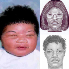 Composición divulgada por la policía con la foto de la bebé secuestrada en 1998, y los retratos robots de la mujer que se la llevó del hospital de Florida.