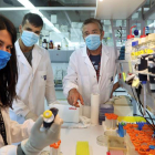 El científico José Martínez-Costas (d) con parte de sus investigadores esta mañana en el laboratorio del CIQUS de la Universidad de Santiago. XOAN REY