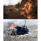 Las llamas calcinaron el pinar de Villameca (Arriba). Abajo, estado en el que quedó el camión de la mancomunidad, abrasado por el fuego.