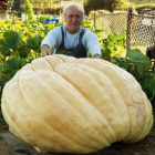 El cultivador, Miguel Yuma, y una colaboradora del BAS, ayer tras el pesaje de la calabaza con un tractor en la feria de El Espino.