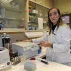 La leonesa Almudena Fernández Villadangos, en el laboratorio de microbiología de la Universidad de León.