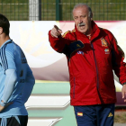 Vicente del Bosque, junto a Xabi Alonso, da indicaciones en el entrenamiento de ayer.