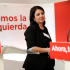 La vicesecretaria general del PSOE Adriana Lastra durante la rueda de prensa, este martes.