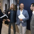 Raúl de la Hoz, Pablo Fernández, Luis Fuentes y Luis Tudanca, antes de la reunión de ayer. N. GALLEGO