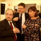 El líder del PSC, Miquel Iceta, el presidente valenciano, Ximo Puig, y la presidenta balear, Francina Armengol, en la trobada de Sagaró en el 2015.