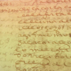 Proyección del documento que contiene el autógrafo de Miguel de Cervantes, en el ángulo superior izquierdo, hallado en el Archivo de Protocolos de Sevilla.