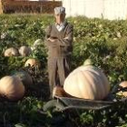 Martín Segurado posa en su huerta junto a la calabaza de 82 kilos