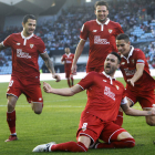 Iborra celebra el primero de los tres goles que marcó ayer al Celta en Balaídos. SALVADOR SAS