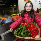 Esther Núñez, con una cesta de pimientos del Bierzo, ayer en la frutería del Mercado de Abastos de Ponferrada.