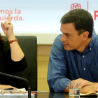 Cristina Narbona y Pedro Sánchez, el pasado 24 de julio en la sede del PSOE.