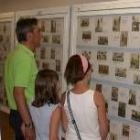 Tres visitantes contemplan los sellos en la exposición de Benavides
