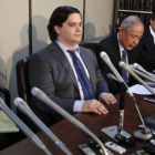 Mark Karpeles (segundo por la derecha), jefe ejecutivo de Mt. Gox, en la conferencia de prensa en la que ha anunciado la quiebra de su compañía.