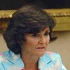 La ministra de Cultura, Carmen Calvo, en el transcurso de una rueda de prensa ofrecida el lunes