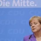 Ángela Merkel durante la rueda de prensa en Berlín.