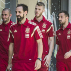 Los jugadores de la selección Aleix Vidal, Juanfran, De Gea y Alcácer antes de la rueda de prensa