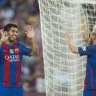 Conexión Messi-Suárez tras la jugada del primer gol durante el partido FC Barcelona-Sampdoria, en el Trofeo Joan Gamper.