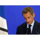 El expresidente francés Nicolas Sarkozy, en su comparecencia tras el asesinato del sacerdote en Saint-Etienne-du-Rouvray.