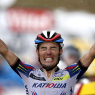 El ciclista español Joaquim "Purito" Rodríguez, del equipo Katusha, celebra su victoria en la decimosegunda etapa del Tour de Francia.