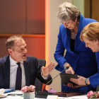 El presidente de la CE, Tusk, la primera ministra británica, May y la canciller alemana, Merkel. K. T.