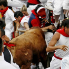 Varios mozos rodean un toro de la ganadería extremeña de Jandilla al comienzo de la calle Estafeta.