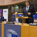Junqueras, Romeva y Puigdemont durante su intervención en Bruselas. HORST WAGNER