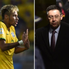 Neymar, durante un partido con Brasil, y Josep Maria Bartomeu.