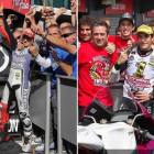 Lorenzo, a la izquierda, celebra con los integrantes de su escudería el segundo título en MotoGP. Márquez hace lo propio en Moto2.