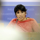 La líder de Podemos Andalucía, Teresa Rodríguez, este miércoles en una rueda de prensa.