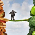 Emblemática recreación sobre los dos extremos de la alimentación, que tanta influencia tiene en la salud.