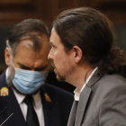El vicepresidente del Gobierno, Pablo Iglesias, ayer durante su intervención en el Congreso. BALLESTEROS