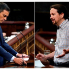 Pedro Sánchez y Pablo Iglesias, en distintos momentos del frustrado debate de investidura de la semana pasada.