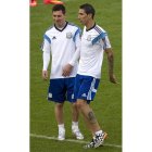 Messi y Di María durante el entrenamiento de ayer.