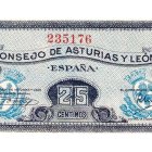 Un ‘belarmino’ de 25 céntimos, como se llamaba entonces a los billetes emitidos por el Consejo Soberano de Asturias y León.