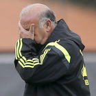 El entrenador de la selección española Vicente del Bosque se toma la cara.