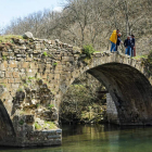 Los responsables del ILC inspeccionando el puente de Serrilla de Torío. DL