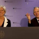 La ministra francesa de Economía y su homólogo alemán al término de la reunión.