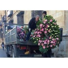 Trabajadores de la Diputación retiran en un camión las coronas de flores que se acumulan en el Palacio de los Guzmanes