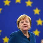 La canciller Merkel durante su discurso en el Parlamento Europeo en Estrasburgo. PATRICK SEEGER